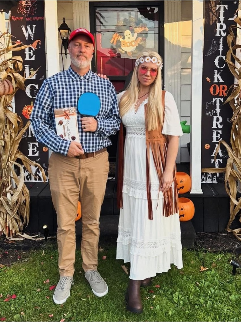 Jenny costume White Boho Maxi Dress with Lace Panels and Fringe Vest (Medium)